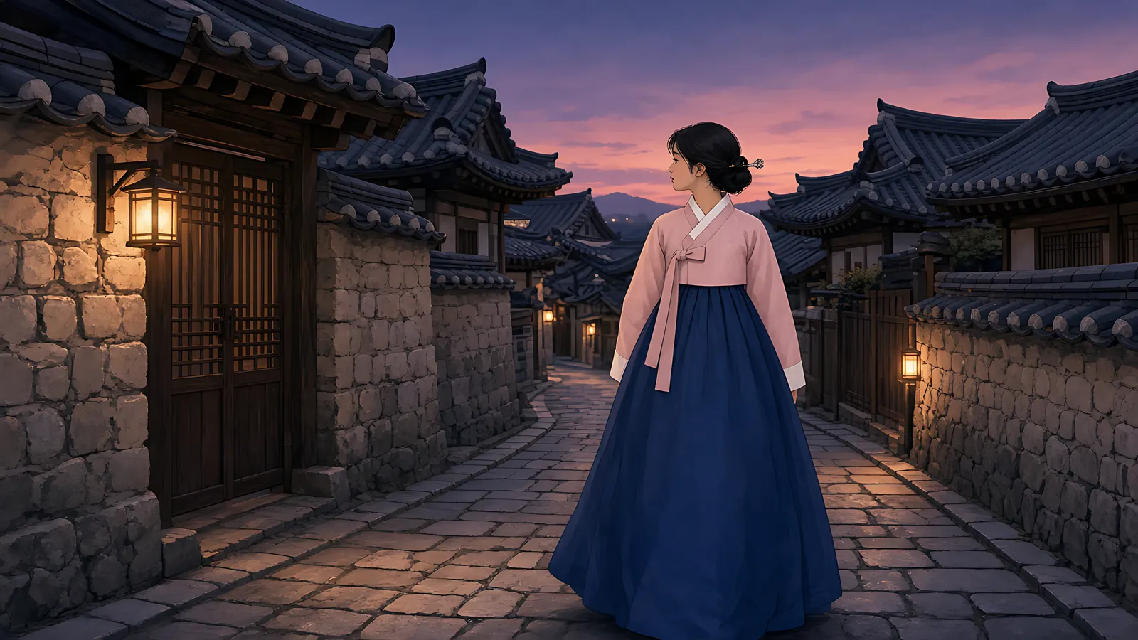 Illustration: a woman in a pink jeogori with a long front otgoreum and a full navy chima, standing in a stone-paved Bukchon hanok alley at dusk