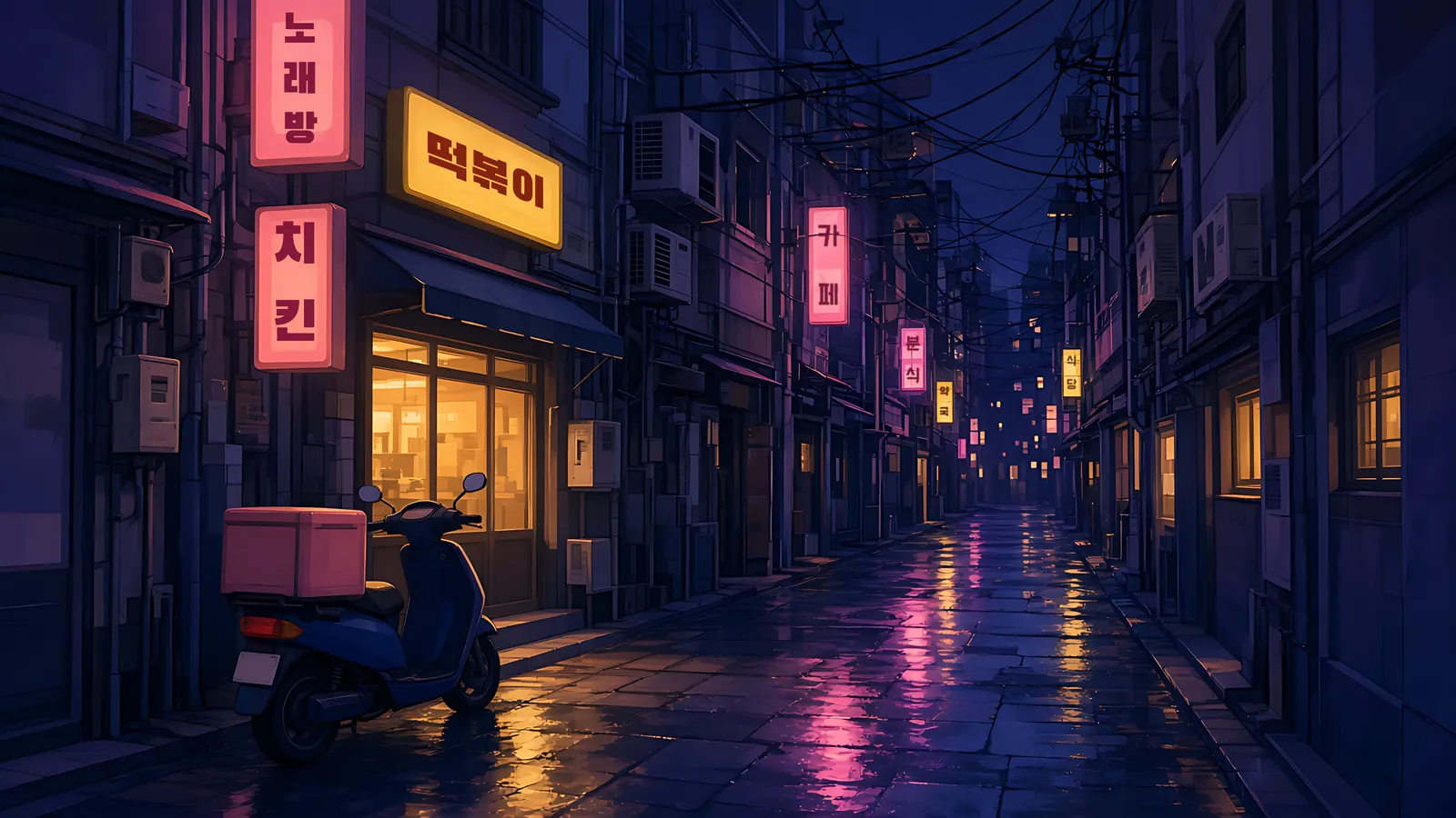 Illustration: a rainy Seoul alley at night with glowing Hangul signs (노래방, 치킨, 떡볶이, 카페, 분식) and a delivery scooter