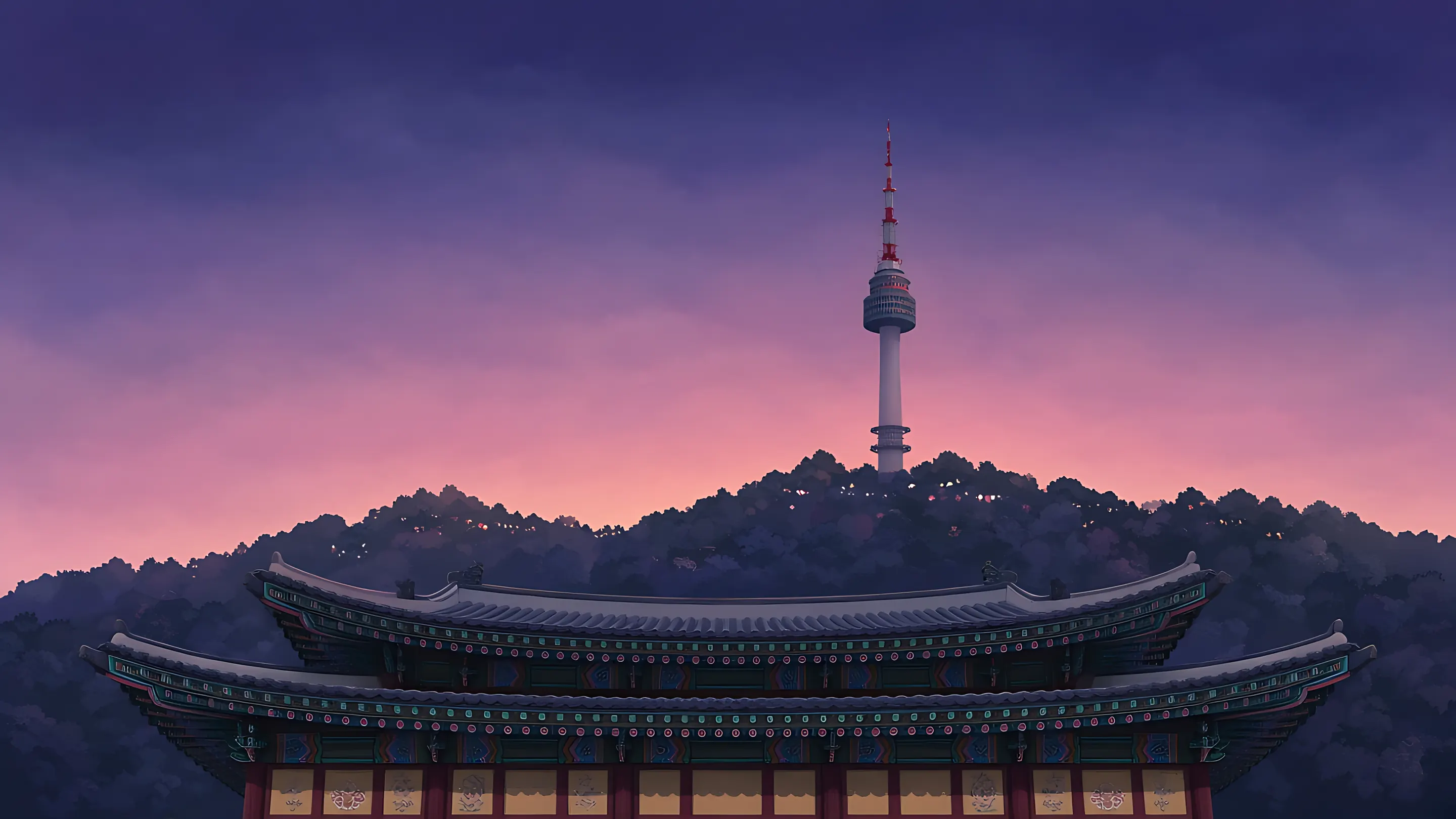 Illustration: the dancheong-painted roof of a Korean palace at dusk, with N Seoul Tower on the hill above