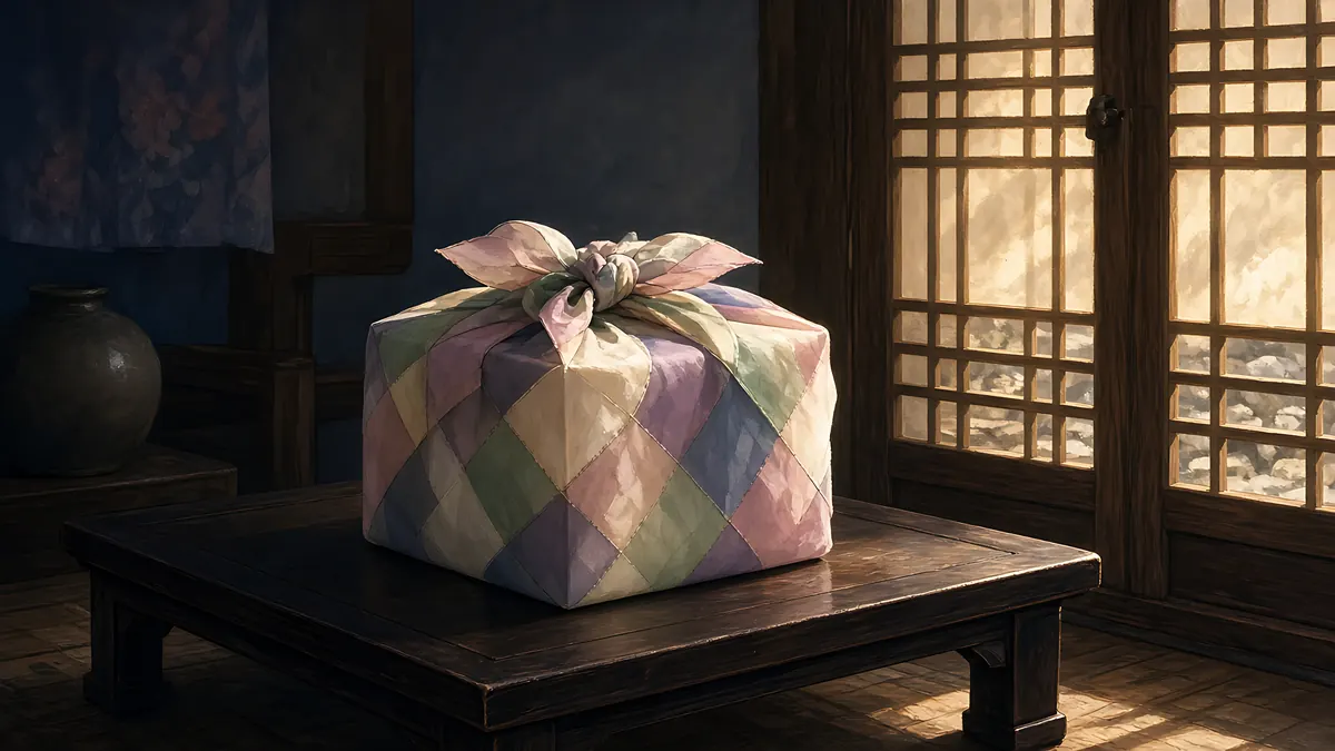 Illustration: a gift wrapped in patchwork bojagi cloth on a low wooden table beside hanok lattice doors
