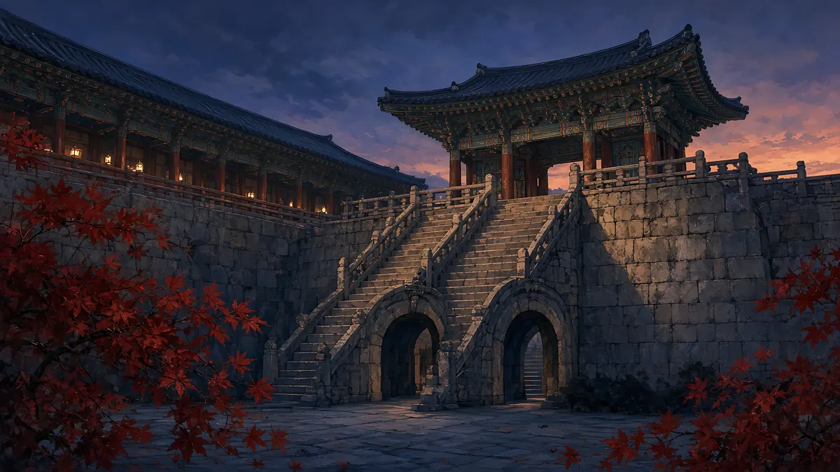 Illustration: the stone stairways and gate of Bulguksa Temple in Gyeongju framed by autumn maples at dusk