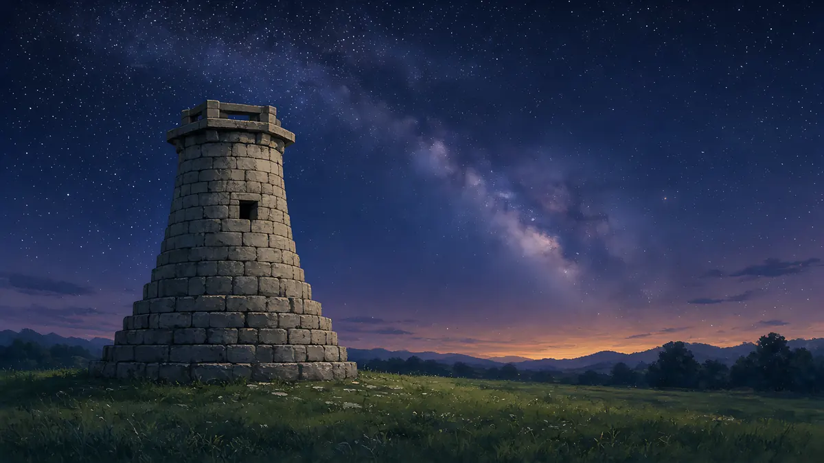 Illustration: Cheomseongdae, the Silla stone observatory in Gyeongju, under a starry sky