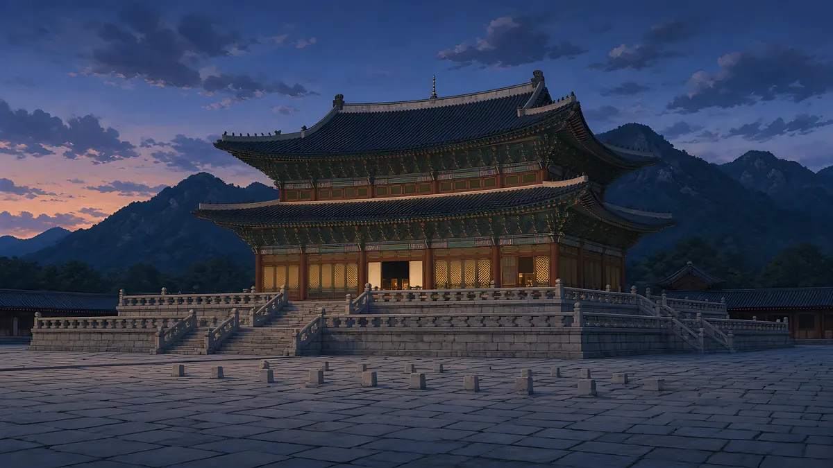 Illustration: Geunjeongjeon, the throne hall of Gyeongbokgung Palace, at dusk with mountains behind