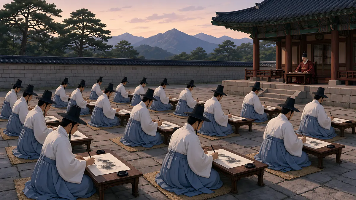 Illustration: the Joseon-era gwageo state exam, the TOPIK of its day: young scholars in dopo robes and gat hats writing answers with brushes at low desks in a palace courtyard while an examiner watches