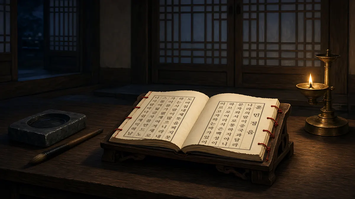 Illustration: an open book on a wooden reading desk by candlelight, its pages printed with the opening of the Hunminjeongeum in vertical Hangul columns