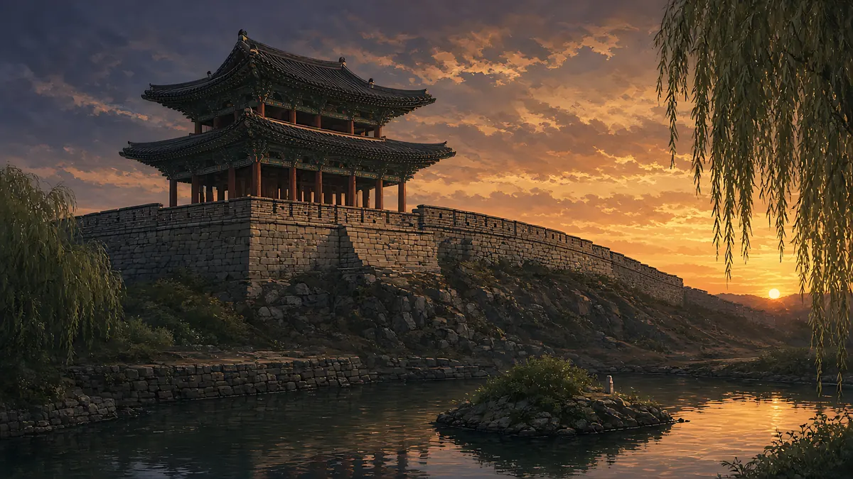 Illustration: a pavilion on the stone walls of Suwon Hwaseong Fortress above a willow-lined pond at sunset