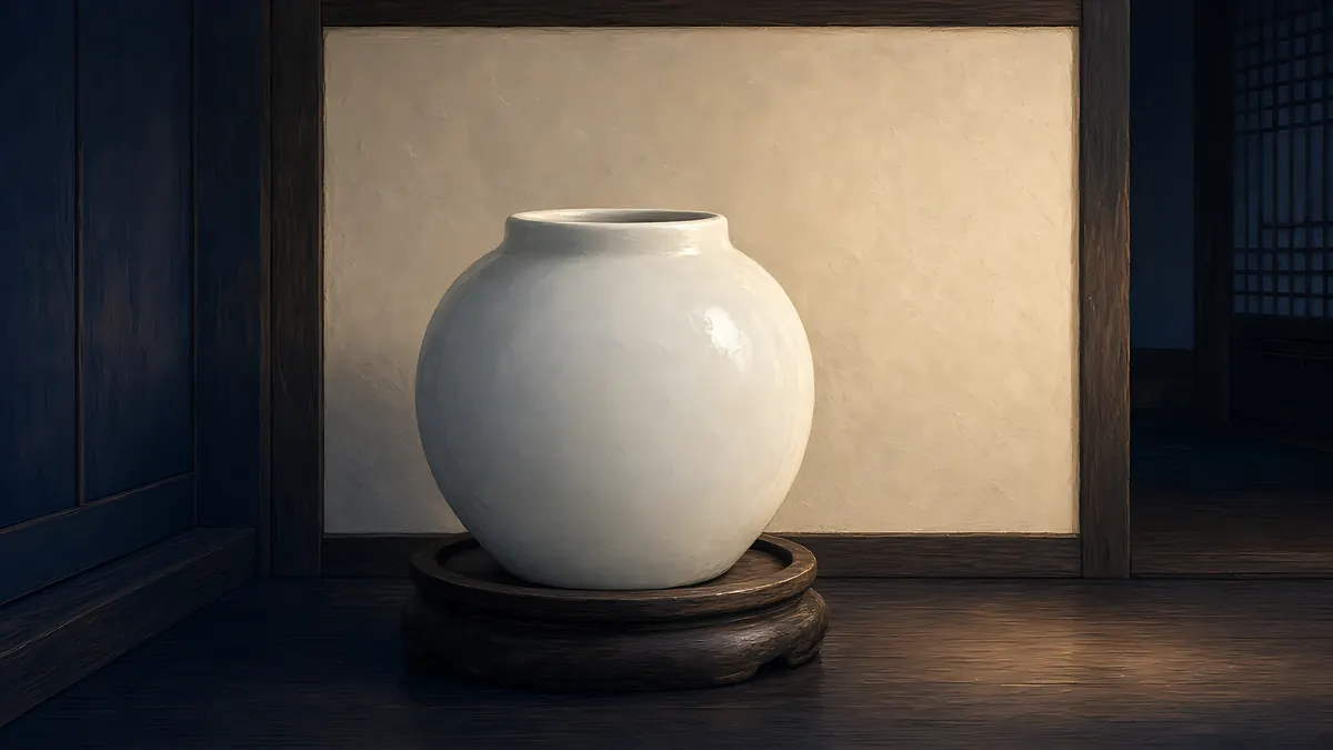 Illustration: a white porcelain moon jar (dal hangari) on a wooden stand