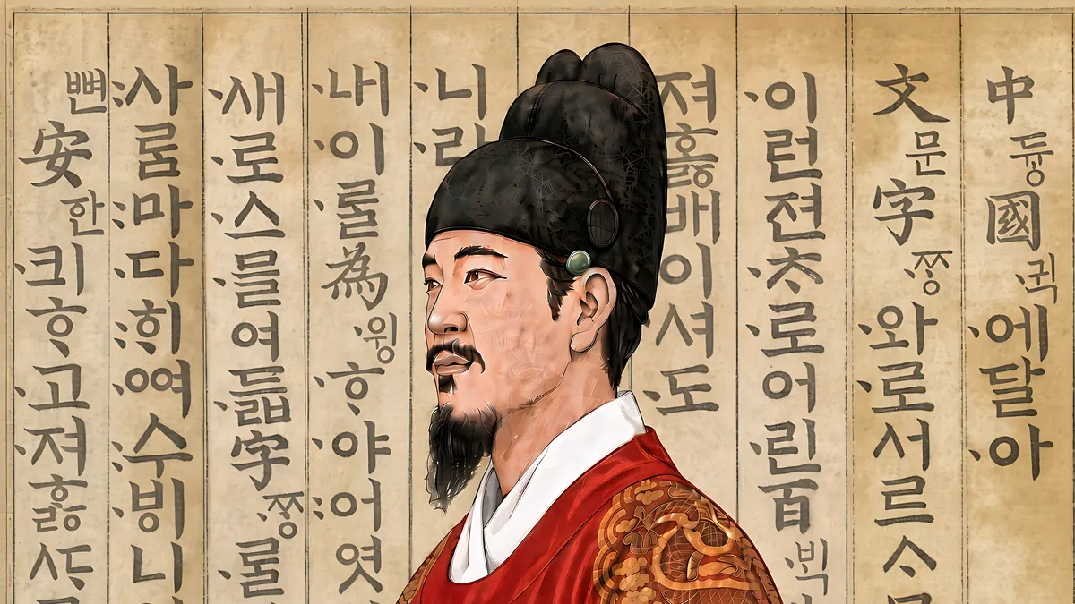 Illustration: illustrated portrait of King Sejong the Great in a red royal robe with gold dragon roundels and a black crown, before the Hunminjeongeum preface in vertical Hangul columns