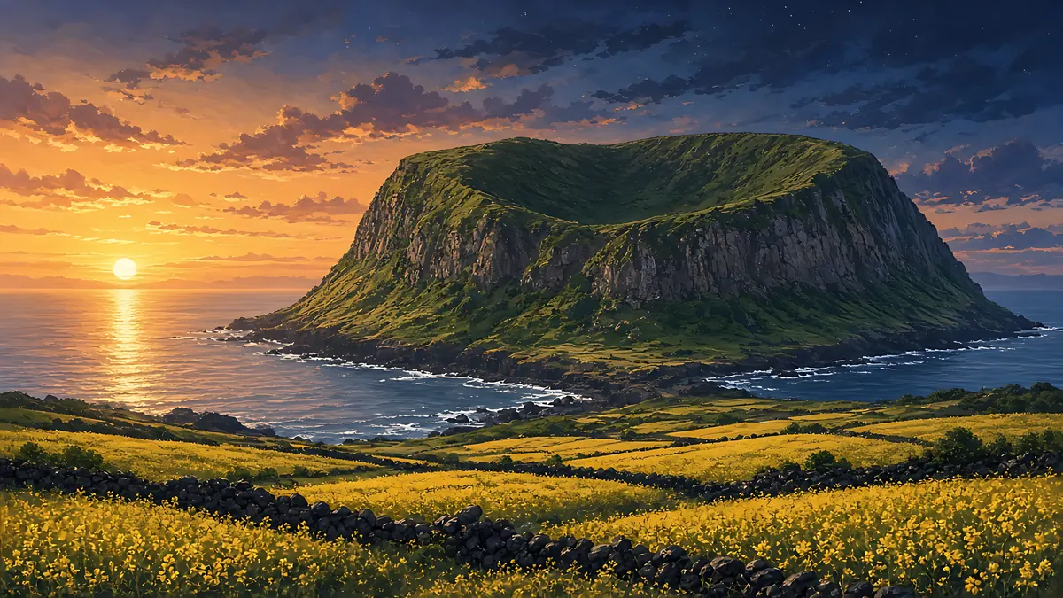 Illustration: Seongsan Ilchulbong crater on Jeju Island at sunrise above yellow canola fields