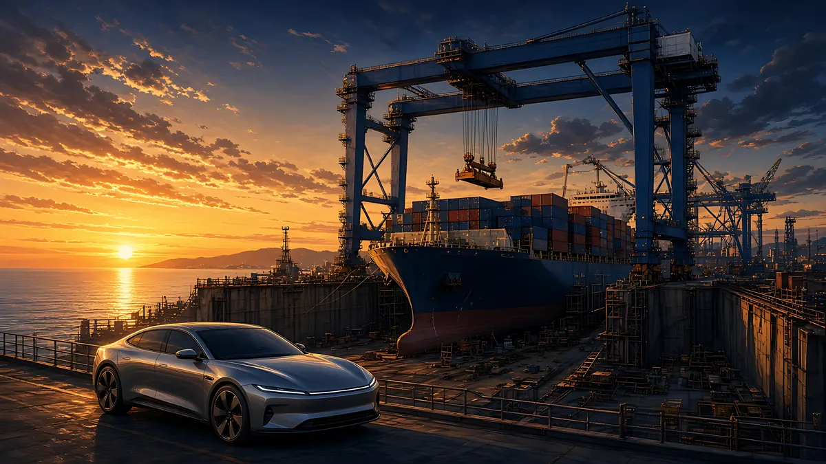 Illustration: a large ship in a Korean shipyard at sunset, with an electric car on the quay