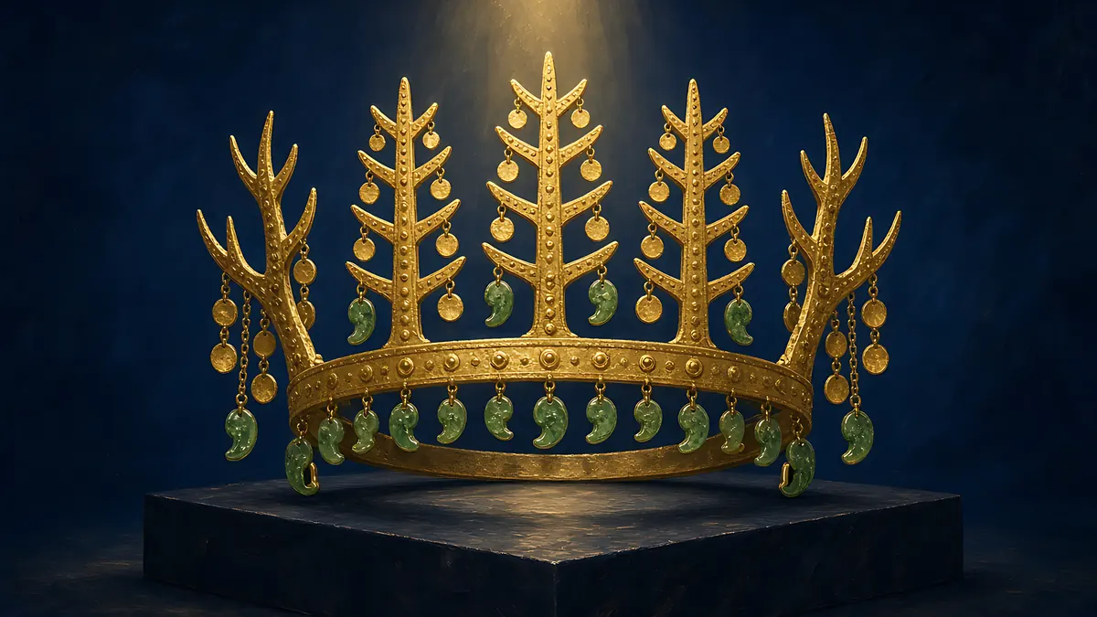Illustration: the gold crown of Silla with jade ornaments on a dark stand