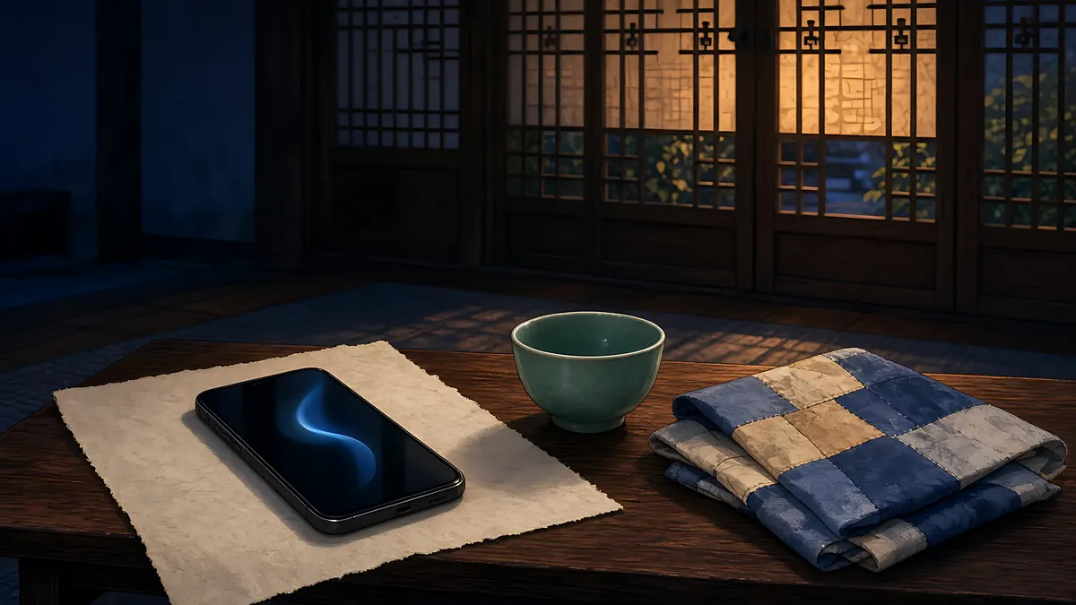 Illustration: a smartphone without logos on a wooden desk beside a celadon cup and folded bojagi cloth