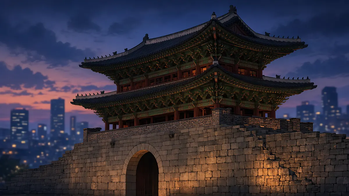 Illustration: Sungnyemun, the great south gate of Seoul, lit up at dusk with the city behind