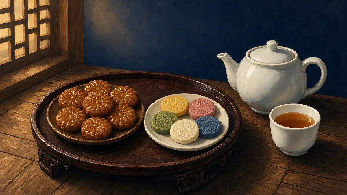 Illustration: yakgwa honey cookies and colorful tea sweets on a round tray with a white tea set